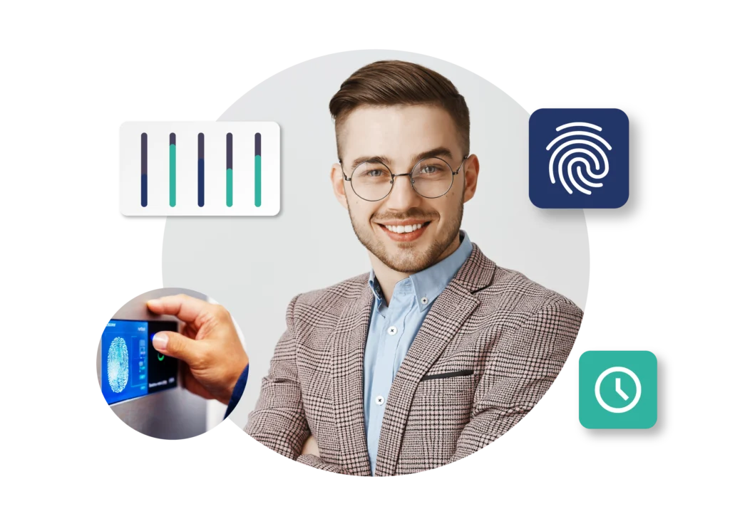 Hombre sonriente con gafas y traje claro, consultando un sistema de control de accesos biométrico; barras de indicadores de rendimiento y icono de huella digital y reloj ilustran administración de fuerza laboral WFM.